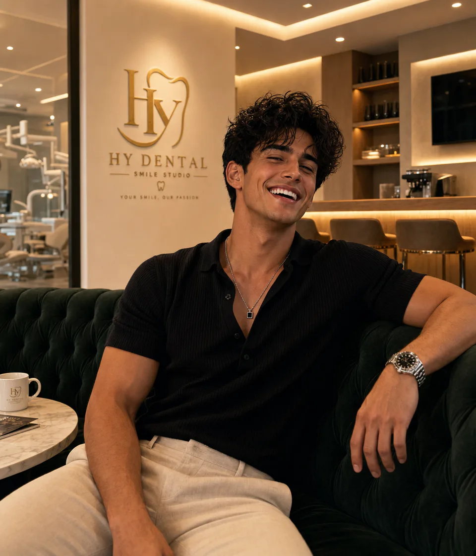 Editorial portrait of a smiling man seated in a warm dental studio setting