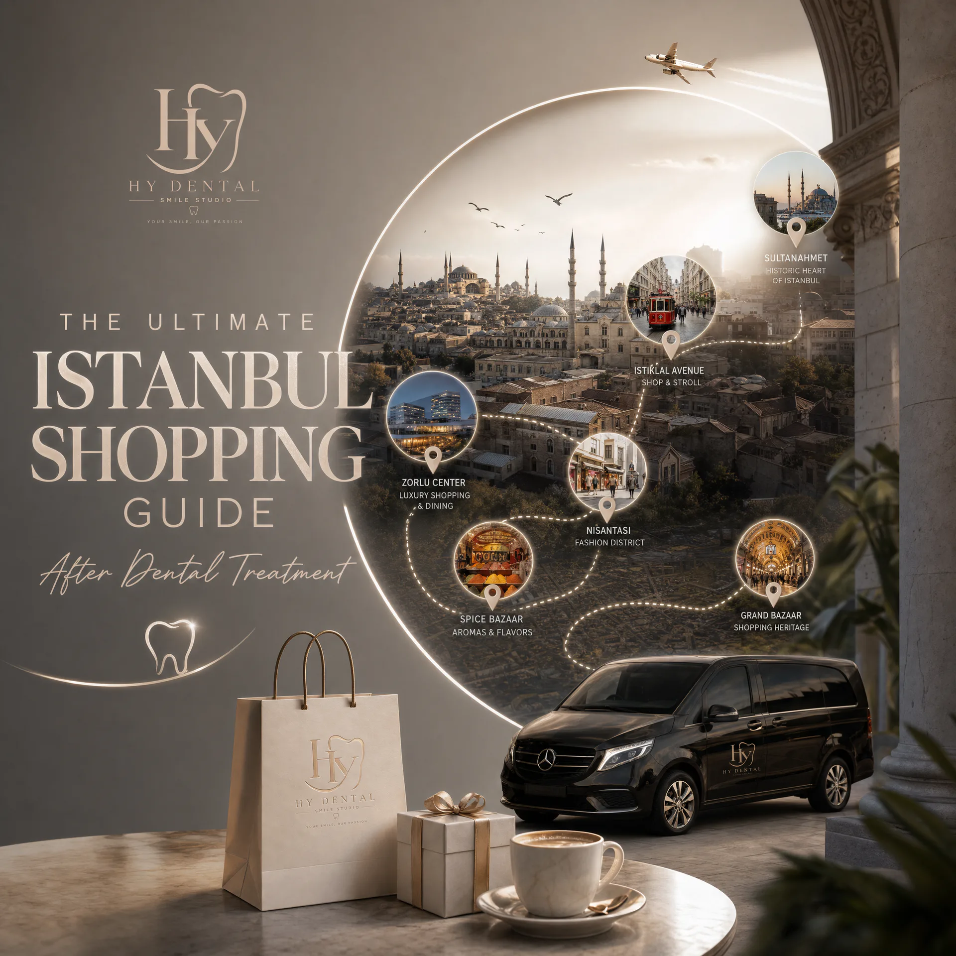 Istanbul skyline and travel route after dental treatment